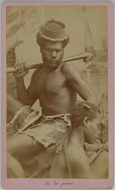 Portrait of two native men from the Island des Pins, New Caledonia - albumen carte de visite photograph by Allan Hughan (1834-1883)