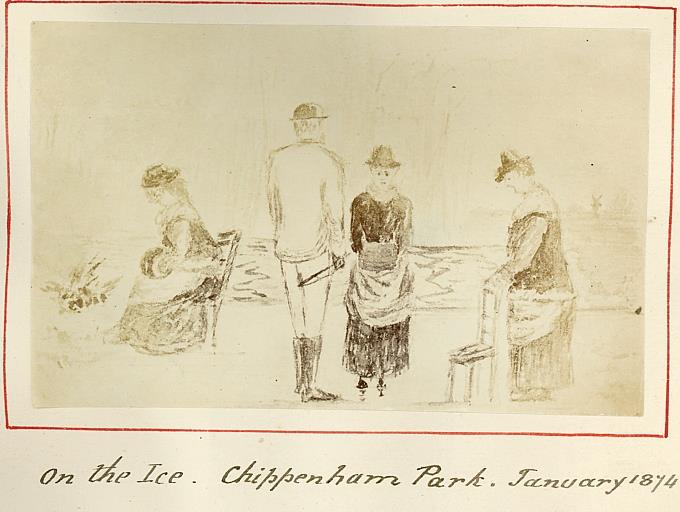 Photographed drawing of a scene on the Ice at Chippenham Park, January 1874