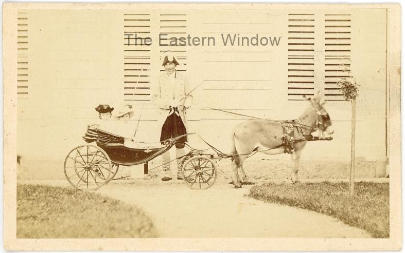 Archduchess Gisela of Austria (1856-1932) with Archduke Rudolf of Austria (1858-1889) in their donkey pulled coach with a servant holding a whip and the reins